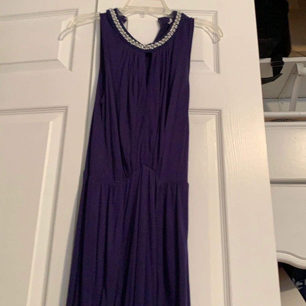 Blue and pearl beaded gown with two slits